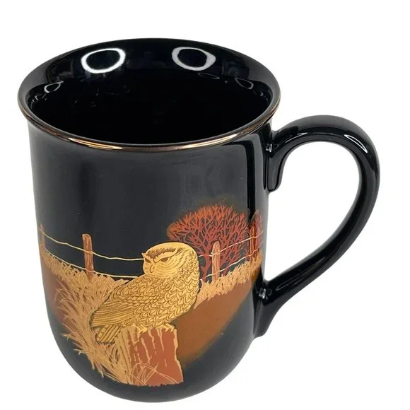 2 Otagiri Owl Mugs Black Gold Japan Vintage Set Coffee Cup Metallic Gold Trim - Picture 7 of 12